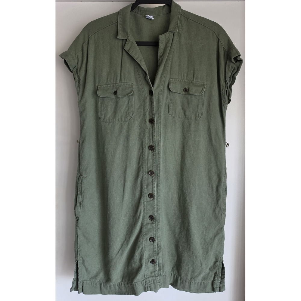 Old Navy Shirt Dress S Petite Olive Green Sleeveless Collared Linen Shift